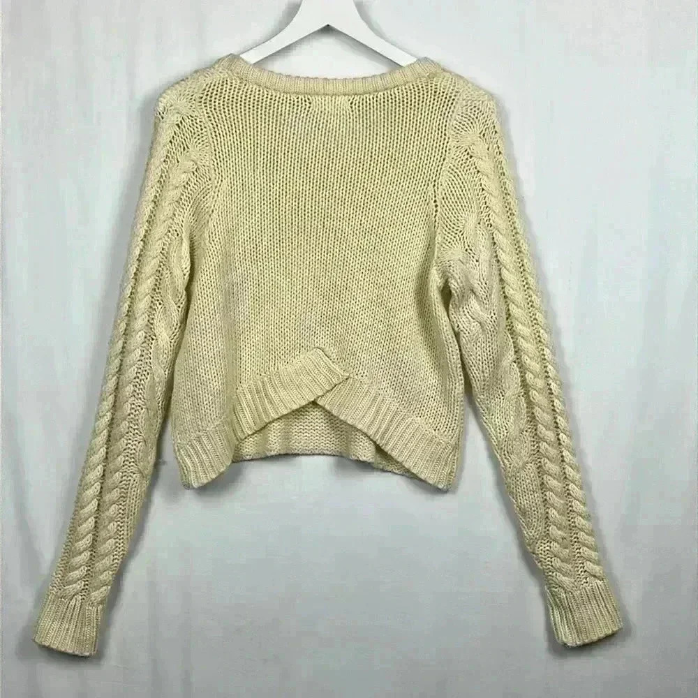 Silence & Noise Womens Sweater Cream M Cable Knit Sleeves Crop Pullover Casual - Picture 7 of 10